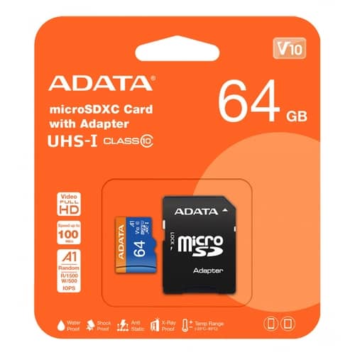 Tarjeta de Memoria ADATA Premier microSDXC 64GB UHS-I U1 A1 V10 100MB/s c/adaptador